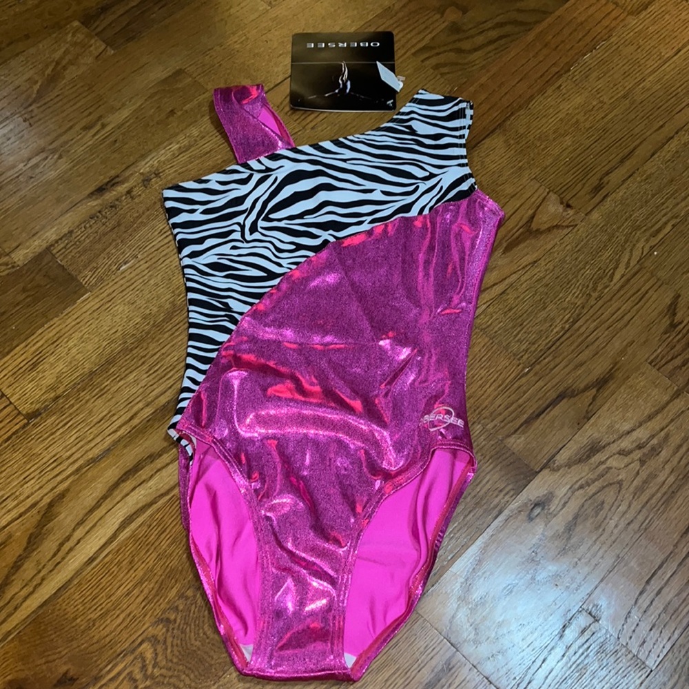 NWT pink metallic zebra print Obersee gymnastics dance tumbling leotard sz AL